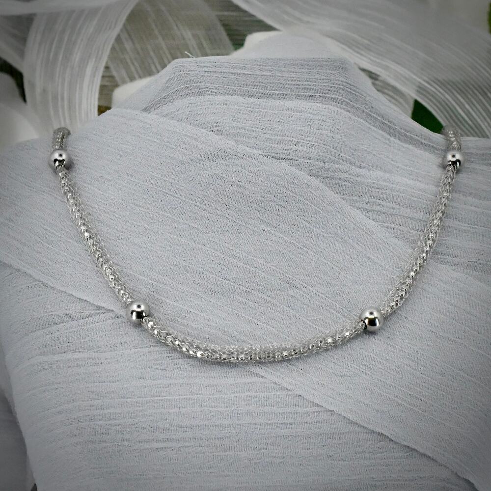 Vintage Milor Italy 925 Sterling Silver Mesh Bead Station Necklace 8.9g 18"